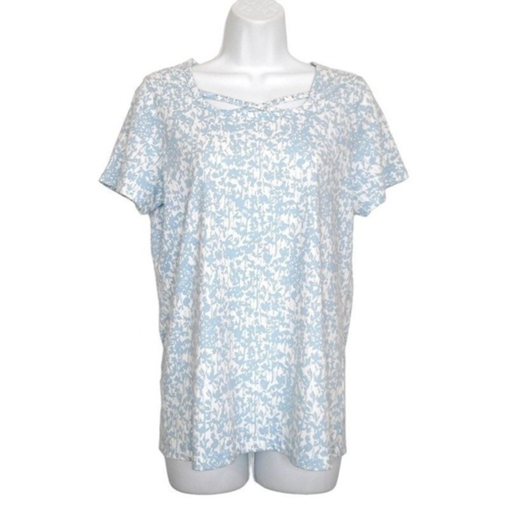 Coral Bay Womens Top‎ S Blue White Scoop Neck Short Sleeve Floral Studded Knit
